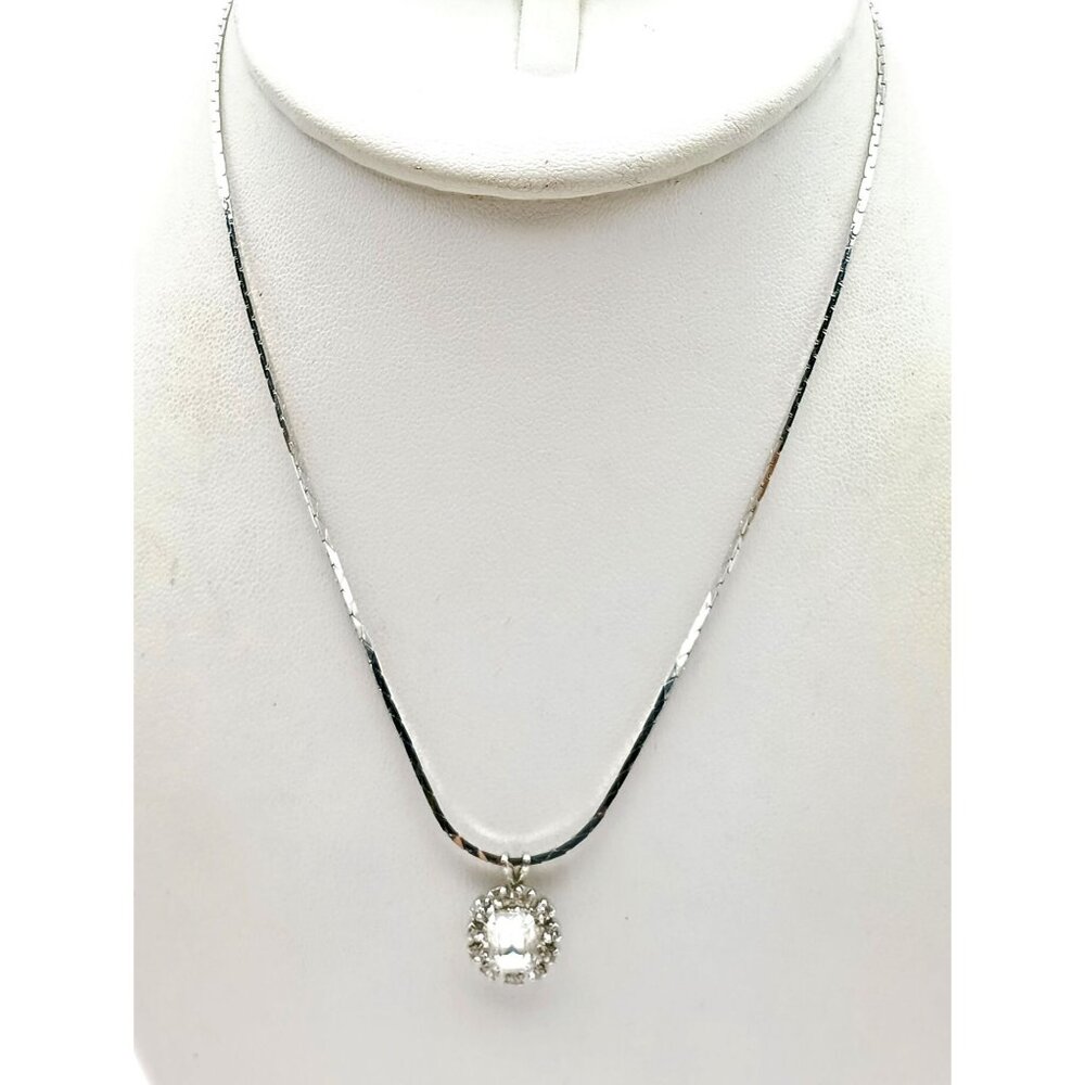 Clear Crystal Pendant Choker Necklace, Vintage Emerald Cut Faceted Stone with Sp